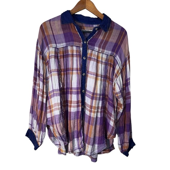 Free People Olivia Plaid Button Down Shirt Size Small Oversized 100% Cotton - Picture 2 of 13